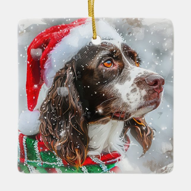 Ornamento De Cerâmica Springer Spaniel Cão Festivo de Natal (Frente)