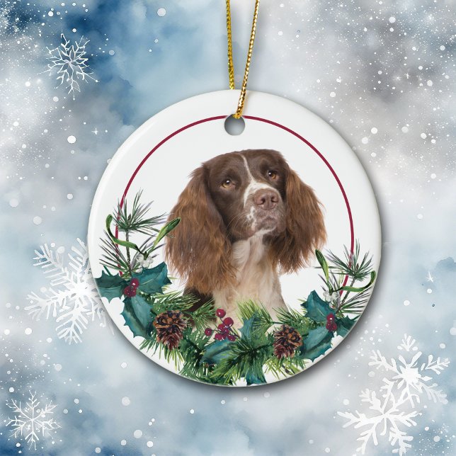 Ornamento De Cerâmica Springer Spaniel Dog Evergreen Wreath (Criador carregado)