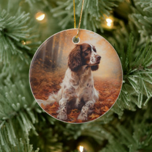 Ornamento De Cerâmica Springer Spaniel no Outono Folhas Caídas Inspiram