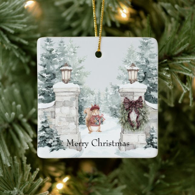 Ornamento De Cerâmica Squirrel Red Coat Snow Christmas (Árvore)