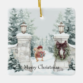 Ornamento De Cerâmica Squirrel Red Coat Snow Christmas