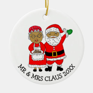 Ornamento De Cerâmica Sr. e Sra. Claus, Natal de Papais noeis Afro-Ameri