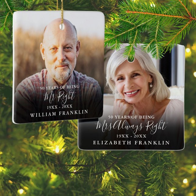 Ornamento De Cerâmica Sr. e Sra. Direita Diversão 2 Foto Aniversário (Mr And Mrs Right Fun 2 Photo Anniversary Ceramic Ornament)