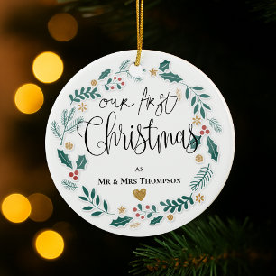 Ornamento De Cerâmica Sr & Sra Nosso Primeiro Natal 2025 Coroa de Recém-