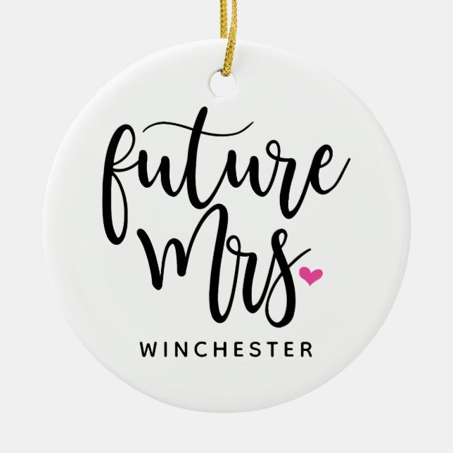 Ornamento De Cerâmica Sra. futura (nome) no roteiro preto (Frente)