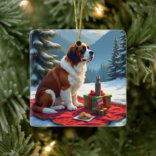 Ornamento De Cerâmica St. Bernard Winter Picnic Christmas Painting (Árvore)