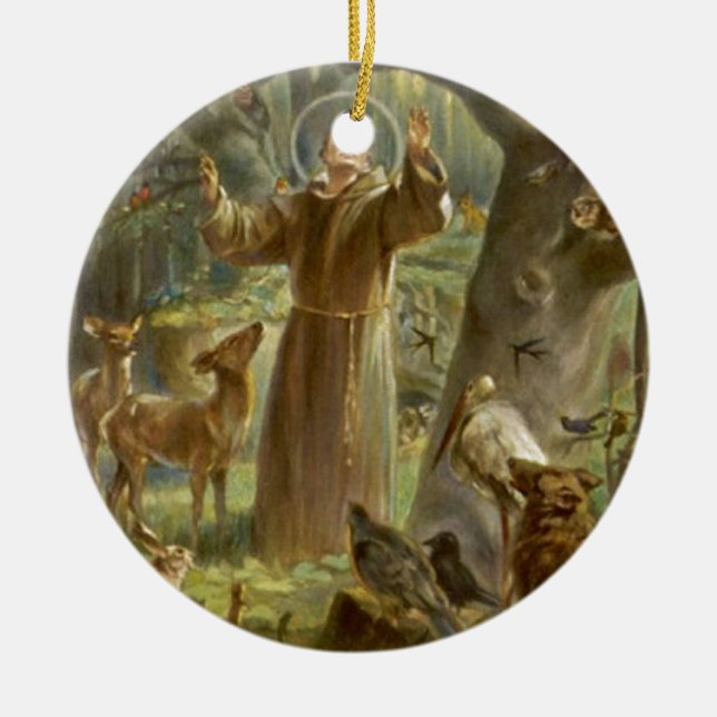 Ornamento De Cerâmica St Francis de Assisi que Preaching aos animais (Frente)