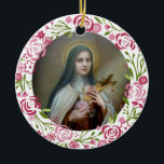 Ornamento De Cerâmica St. Therese do crucifixo infantil dos rosas de<br><div class="desc">Imagem bonita de St. Therese de Lisieux com seus rosas e crucifixo. 
A grinalda floral cerca sua imagem.</div>