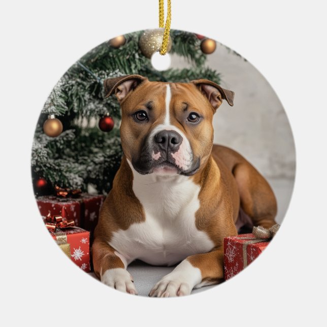 Ornamento De Cerâmica Staffordshire Bull Terrier Christmas (Frente)