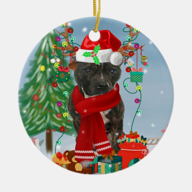 Ornamento De Cerâmica Staffordshire Bull Terrier Dog Snow Christmas (Frente)