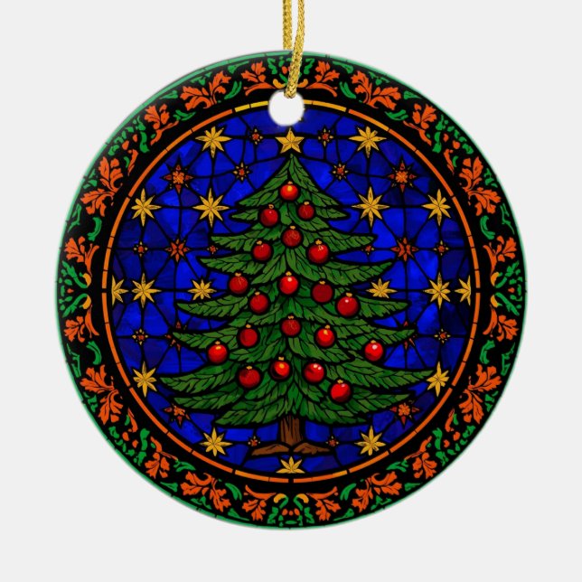 Ornamento De Cerâmica Stained Glass Blue Night Christmas Tree (Frente)