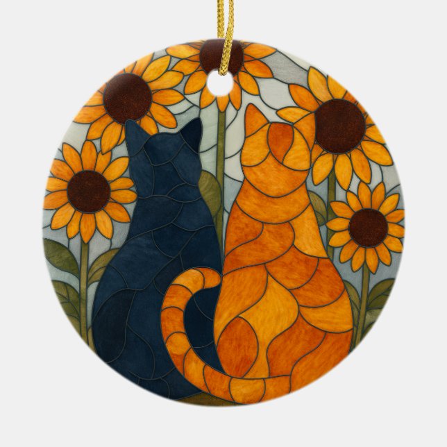 Ornamento De Cerâmica Stained Glass Cats and Sunflowers Art Design (Frente)