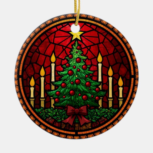 Ornamento De Cerâmica Stained Glass Christmas Tree & Candles (Frente)