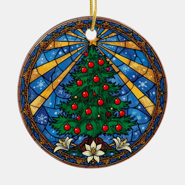 Ornamento De Cerâmica Stained Glass Christmas Tree & Lilies (Frente)