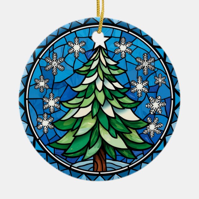 Ornamento De Cerâmica Stained Glass Evergreen Snowflakes Art (Frente)