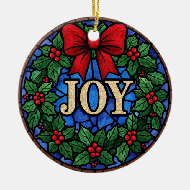 Ornamento De Cerâmica Stained Glass Holly Wreath JOY (Frente)