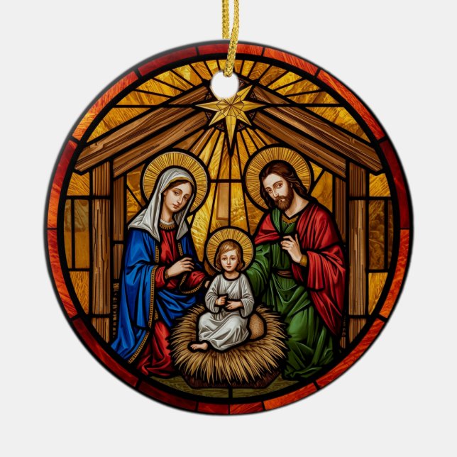 Ornamento De Cerâmica Stained Glass Holy Family Nativity (Frente)