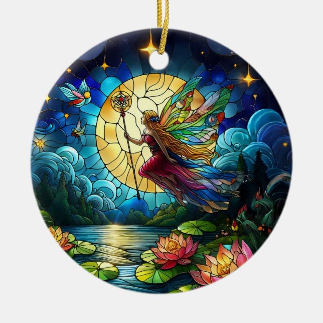 Ornamento De Cerâmica Stained Glass Moonlight Flight Fairy  (Frente)