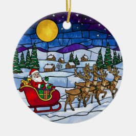 Ornamento De Cerâmica Stained Glass Santa & Reindeer Sleigh Ride