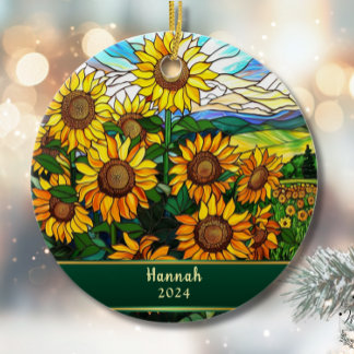 Ornamento De Cerâmica Stained Glass Sunflowers Personalized