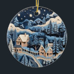 Ornamento De Cerâmica Starlit Winter Village Ornament<br><div class="desc">Capture a magia de uma noite pacífica de inverno com este ornamento "Starlit Winter Village". Apresentando um povoado aconchegante aninhado entre colinas cobertas de neve e pinheiros sob um céu iluminado com estrelas cintilantes, essa design exumenta calor e tranquilidade. Os detalhes intrincados das cascas, cercas e caminhos enrolados dão vida...</div>
