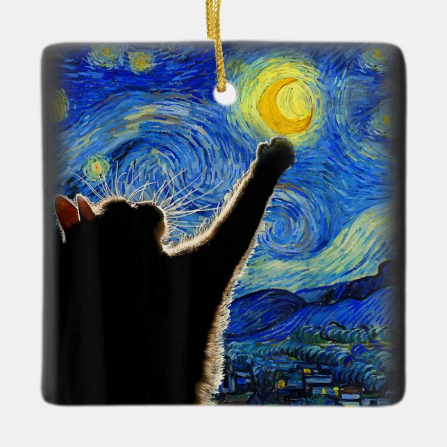 Ornamento De Cerâmica Starnight Cat, Van Gogh Cat Lover Cat Mãe Pai (Frente)