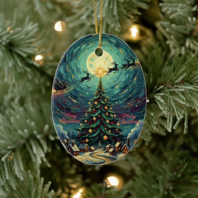 Ornamento De Cerâmica Starry Night Christmas Oval Santa (Árvore)