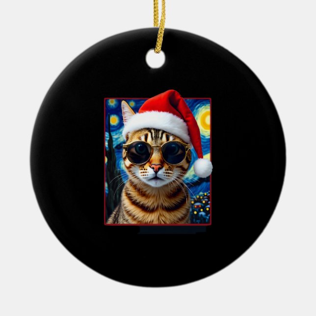 Ornamento De Cerâmica Starry Night Orange Tabby Cat Christmas (Frente)