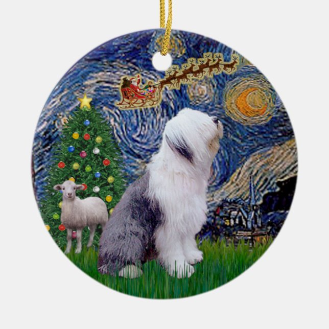 Ornamento De Cerâmica Starry Night Xmas - Antigo Sheepdog Inglês (Frente)