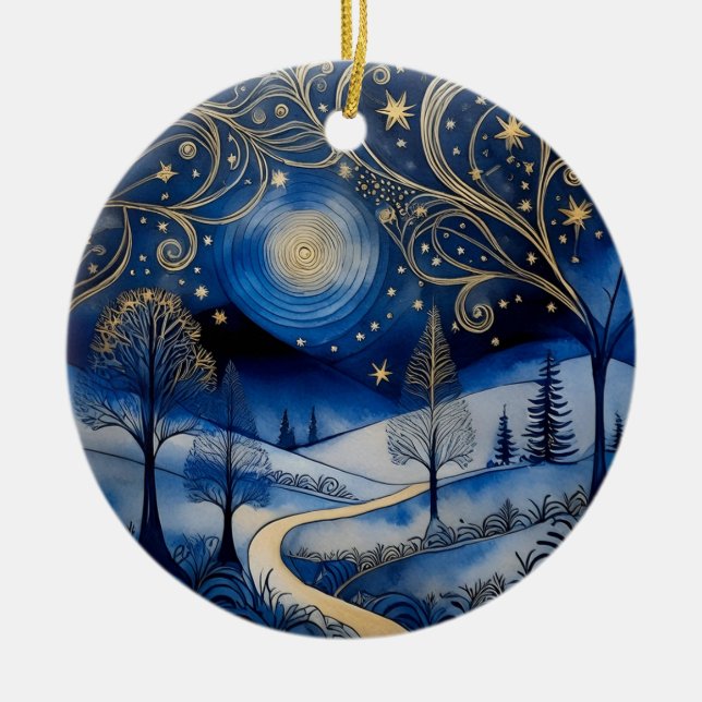 Ornamento De Cerâmica Starry Snowy Night Personalised Ornament (Frente)