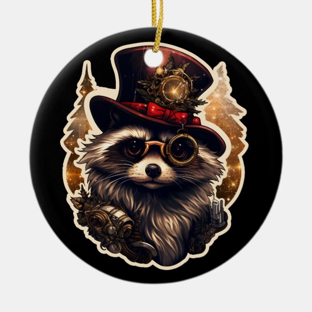 Ornamento De Cerâmica Steampunk Christmas Raccoon (Frente)