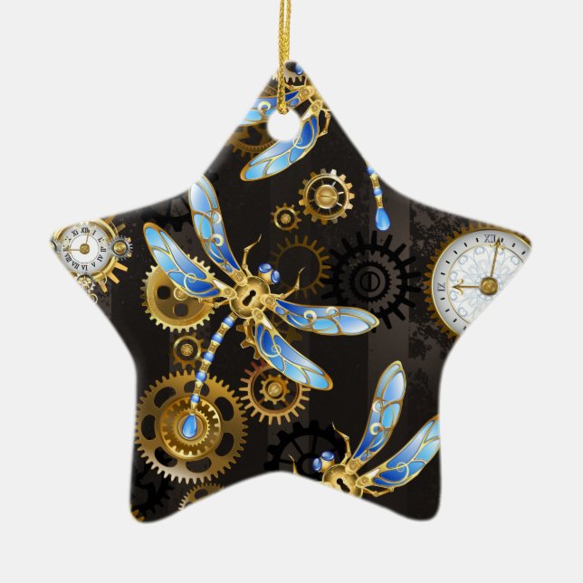 Ornamento De Cerâmica Steampunk Dragonflies on brown striped background (Frente)