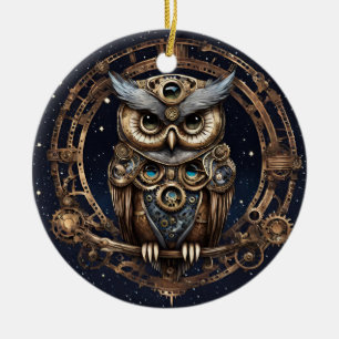 Ornamento De Cerâmica Steampunk Owl contra o céu estrelado