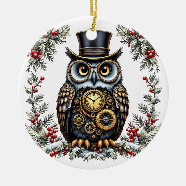 Ornamento De Cerâmica Steampunk Weihnachts-Eule (Frente)