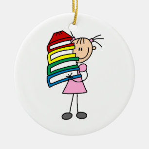 Ornamento De Cerâmica Stick Girl With Books