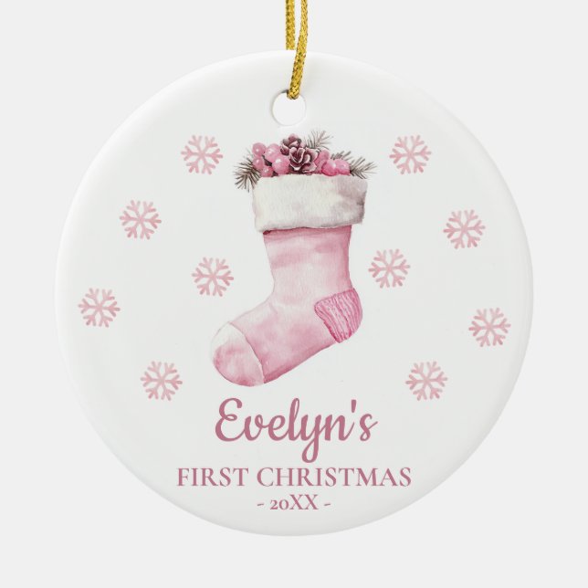 Ornamento De Cerâmica Stocking Personalized Girl's First Christmas (Frente)