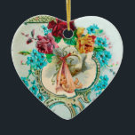 Ornamento De Cerâmica STORAGE CHÁ DE FRALDAS 2 MONOGRAM Red Ruby<br><div class="desc">Design floral elegante, colorido e vibrante estilo vintage com um bebê e cegonha voadora entre o belo rosa romântico, rosas vermelhas, flores de primavera azul lacrimogêneo e uma brilhante pedra gemônica 3D de Búlgaro Lumini (c).Fácil de personalizar com seu próprio texto e incitais para chás de fraldas, festas de aniversário...</div>