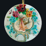 Ornamento De Cerâmica STORAGE CHÁ DE FRALDAS 2 MONOGRAM Red Ruby<br><div class="desc">Design floral elegante, colorido e vibrante estilo vintage com um bebê e cegonha voadora entre o belo rosa romântico, rosas vermelhas, flores de primavera azul lacrimogêneo e uma brilhante pedra gemônica 3D de Búlgaro Lumini (c).Fácil de personalizar com seu próprio texto e incitais para chás de fraldas, festas de aniversário...</div>