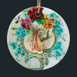 Ornamento De Cerâmica STORAGE CHÁ DE FRALDAS 2 MONOGRAM Red Ruby<br><div class="desc">Design floral elegante, colorido e vibrante estilo vintage com um bebê e cegonha voadora entre o belo rosa romântico, rosas vermelhas, flores de primavera azul lacrimogêneo e uma brilhante pedra gemônica 3D de Búlgaro Lumini (c).Fácil de personalizar com seu próprio texto e incitais para chás de fraldas, festas de aniversário...</div>