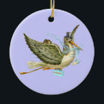 Ornamento De Cerâmica STORK BABY BOY CHÁ MONOGRAM Blue Aquamarine<br><div class="desc">Design elegante e engraçado em azul-lacrimejo, cores brancas reelaboradas da safra.</div>