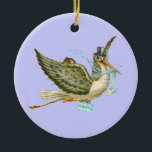 Ornamento De Cerâmica STORK BABY BOY CHÁ MONOGRAM Blue Aquamarine<br><div class="desc">Design elegante e engraçado em azul-lacrimejo,  cores brancas reelaboradas da safra.</div>