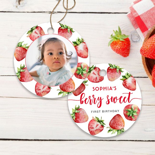 Ornamento De Cerâmica Strawberry First Birthday Berry Sweet (Criador carregado)