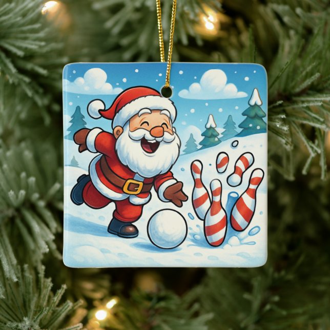 Ornamento De Cerâmica Striking Santa Bowling Candy Cane Lane Personalize (Árvore)