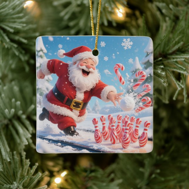 Ornamento De Cerâmica Striking Santa Bowling Candy Cane Lane Personalize (Árvore)