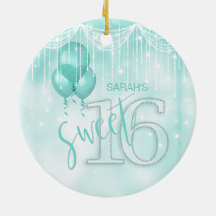 Ornamento De Cerâmica String Lights & Balloons Sweet 16 Teal ID473