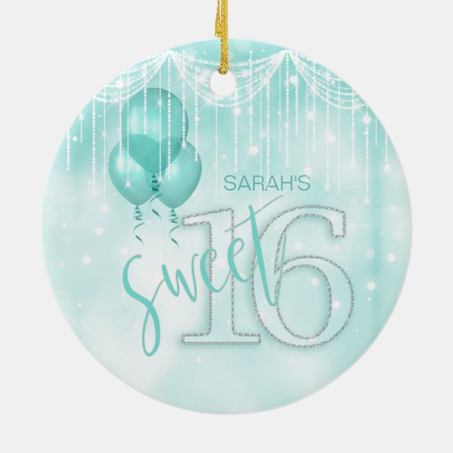 Ornamento De Cerâmica String Lights & Balloons Sweet 16 Teal ID473 (Traseira)