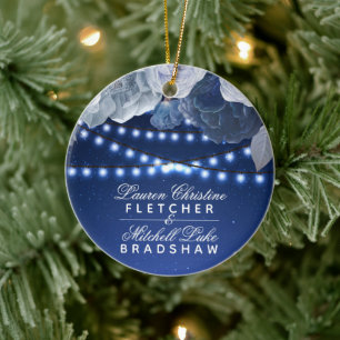 Ornamento De Cerâmica String lights Blue Wedding Photo