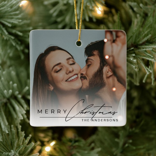Ornamento De Cerâmica Stylish Script Elegant Photo Merry Christmas  (Árvore)
