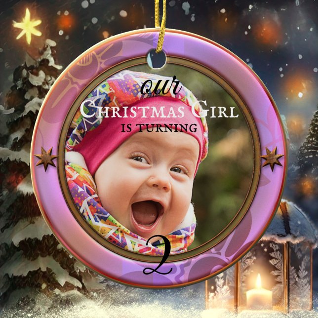 Ornamento De Cerâmica Sua Foto Elegante de Natal (Christmas child birthday girl festive holiday photo ornament)