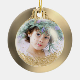 Ornamento De Cerâmica Sua foto no Ouro da bola de Natal personalizada